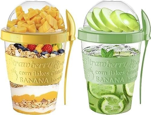 Pro Home 2-Set Yoghurt Pots 600ml With Lid & Spoon Airtight Dishwasher Safe BPA Free Muesli Cups Overnight Oats Jar Storage On The Go Yogurt Cup Cereal Container (Yellow & Green)