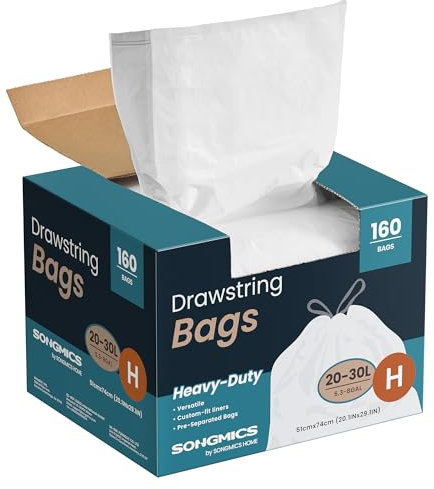 SONGMICS Bolsas de Basura, 30 L Bolsas de Basura con Cordones, 160 Piezas, Código H, Resistentes, Caja de Dispensación Rápida, Blanco Crema KRB031A04