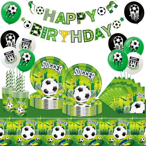 Fussball Geburtstag Deko Partygeschirr Set - Jungen Fußball Ballons Happy Birthday Banner, Kindergeburtstag Supplies mit Pappteller Becher Servietten Papierstrohhalme Tischdecke für 10 Gäste (Grün)