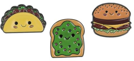 Smiley Bread Snacks Themed Gift Set Collection Of 3 Pin Badges Including A Happy Taco, Avocado on Toast And A Jolly Cheeseburger
