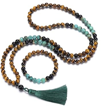 Jovivi Mala 108 Grani Collana Rosaria Tibetana in Pietre Naturali con Nappa Bracciale con Perline Cristalli Elastico per Donna Uomo Parure Preghiera 108 Perline Buddista Turchese Occhio di Tigre