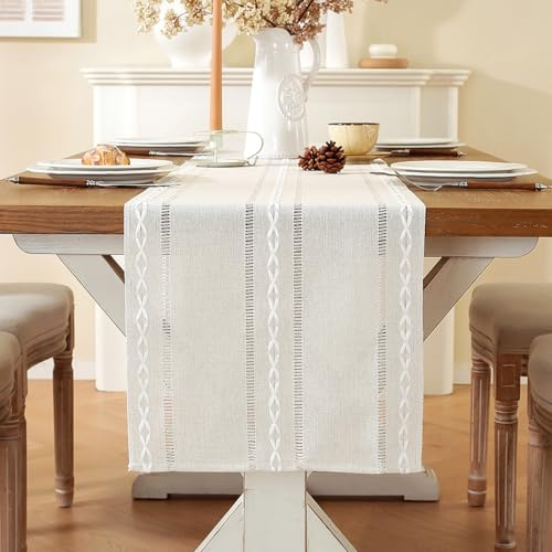 Boho Creme Landhausstil Tischläufer 33x120 cm Beige Rechteckige Häkelspitze Mesh Tisch Läufer Modern Outdoor Tischdecke Dekoration für Küche Bauernhaus böhmische Hochzeit Tabletop Dekor