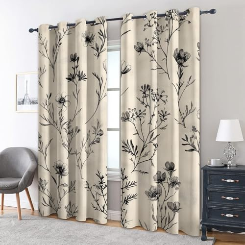 Generisch Vintage Blumen Vorhänge mit Ösen, H 137 x B 117, 2er Set - Pflanze Motiv Gardinen Wohnzimmer Schlafzimmer Deko, Fenster Vorhang Blickdicht Blackout Curtain (E740)