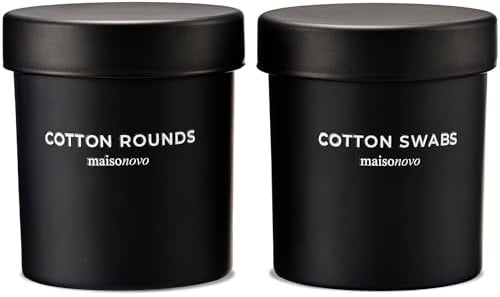 MaisoNovo Wattestäbchen Behälter Glas - 375 ml Luftdichte Wattepads Aufbewahrung, Ohrstäbchen Behälter, Haargummi Aufbewahrung - 2 Schwarze Gläser Mit Glasdeckeln, 16 Etiketten