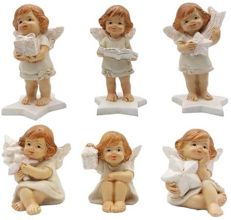 Kleine Engel-Figuren, 6er Set: Weihnachtsengel mit Stern, Baum & Geschenk, Dekofiguren Weihnachten & Winter, Weihnachtsdeko Innen, Weihnachtsfiguren Deko Klein, Tischdeko, Sitzend & Stehend, 5–8 cm