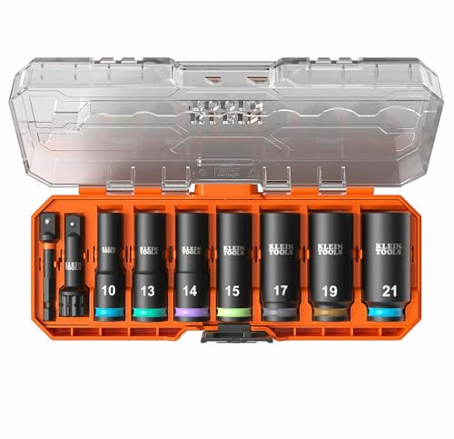 Klein Tools 65109IMPCTM KNECT Tiefwellen-Schlag-Steckschlüssel-Set, 3/8-Zoll-Antrieb, metrisch, 9-teiliges Werkzeug-Set mit Schlagschrauberadapter, Mehrzweck-Schraubenschlüssel-Adapter, farbkodiert