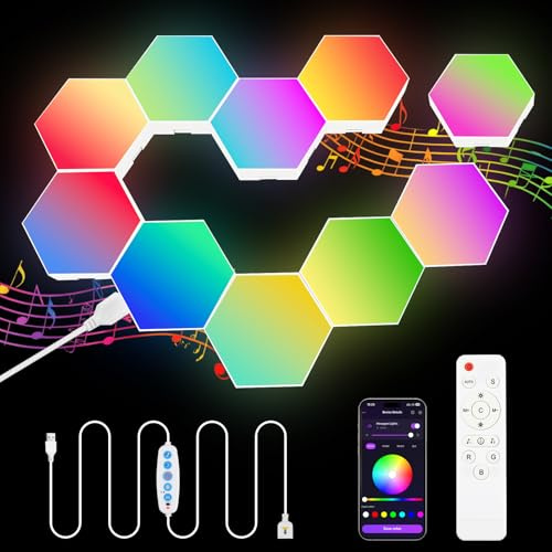vsshe LED Sechseck Gaming Wandleuchte, 10 Stück Hexagon LED Panel RGB Smart Sechseck Wand panel App Steuerung Musik Sync Wandbeleuchtung Smart Sechseckige Gamer Room Deko Modular Lampe