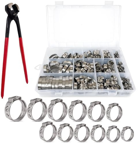 WIRSHO 180 Stück Einzelohr-Schlauchschellen Set | 12 Größen (5.3-33.1mm) | Klemmschellen mit Zange aus 304 Edelstahl, Verstellbare Einohrschellen für Automobil, Industrie, Haus, Gerät, Rohrsanierung