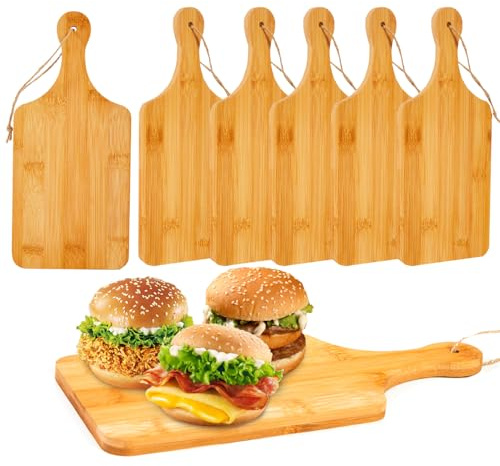 Benhurb Set di 6 taglieri in bambù con manico, piccoli taglieri con manico, tagliere da portata in legno per cucina, mini tagliere per salumi, per pizza, pane, formaggio, frutta e verdura, 27 x 12 cm