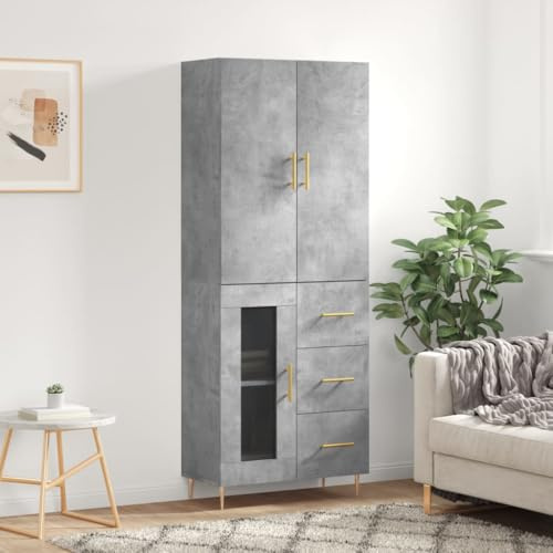 Foknhdi Highboard Betongrau 69,5x34x180 cm aus Holzwerkstoff & Metallbeinen, großer Stauraum, modernes Design, wohnzimmertauglich für Livingroom Flur Schlafzimmer