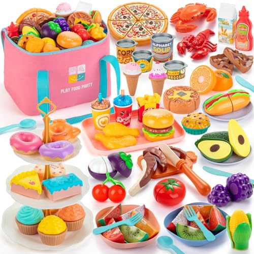 EFOSHM Cocinita Infantil 68 Piezas, Cocina Juguete con Bolsa de Almacenamiento, Soporte para Postres y Comida Juguete de Plástico Recortable, Regalo para Niña y Niños 3-7 Años