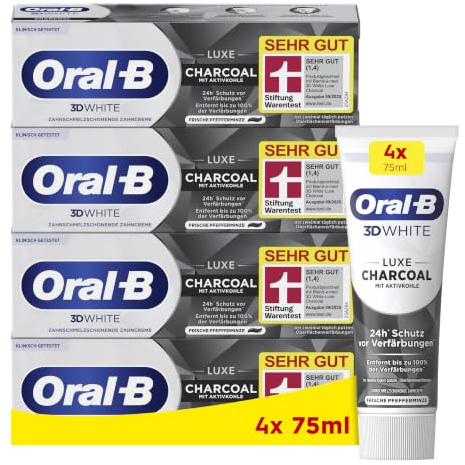 Oral-B 3D White Luxe Charcoal Whitening Zahnpasta, mit Aktivkohle, Entfernt bis zu 100% der Oberflächenverfärbungen, Frische Pfefferminze, 4x 75ml