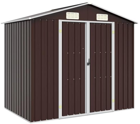 Ziaphsol Braun Gerätehaus aus verzinktem Stahl 205x129x183 cm mit Doppeltüren, Lüftungsöffnungen als Rollläden, wetterfestes Fahrradschuppen Lagerhaus für Werkzeuge und Rasenmäher