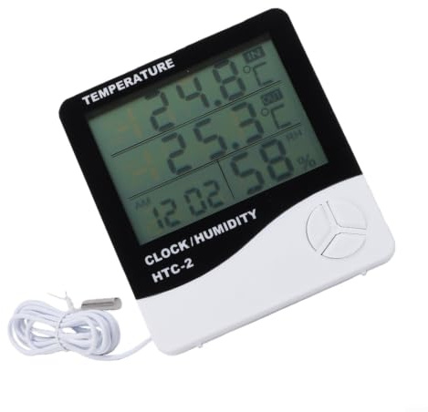 Elektronisches Thermometer und Hygrometer für htc-2 mit Großbild-LCD, Innen/Außen Temperaturmessung mit Fühler, Wandmontage oder für ständer für Büro Gewächshaus Kühlschrank