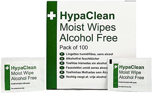 Safety First Aid Group HypaClean Moist Wound Cleansing Wipes, Alcohol Free Pack of 100 Individually Wrapped