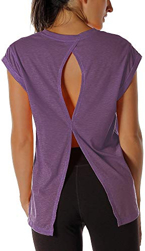 icyzone Damen Fitness-Trainings Kurzarm Shirt Yoga Top Loose Fit Rückenfrei Sport T-Shirt (S, Grape)