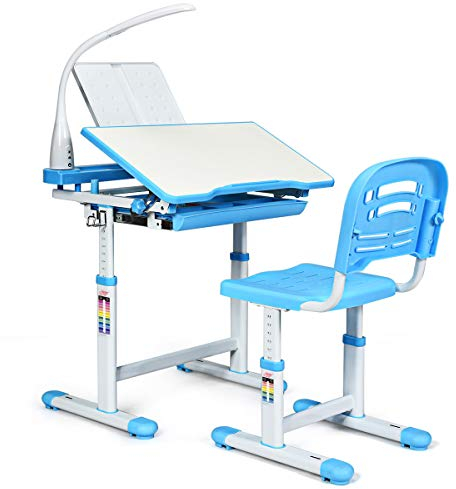 DREAMADE höhenverstellbarer Kinderschreibtisch mit Lampe & Bücherständer, Schülerschreibtisch Jugendschreibtisch neigungsverstellbar, Schreibtisch Set für Kinder mit Stuhl und Schublade (Blau)