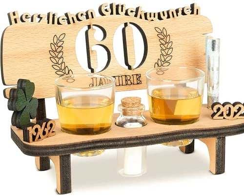 Brynnberg Schnapsbank mit Jahreszahl - Holz Lorbeerkranz mit Zahl Gravur - Geschenk zum 60 Hochzeitstag Paar Jahrestag - Geburtstag und Pärchen Geschenke Idee - mit 2 Gläsern und Jahre 1963-2023