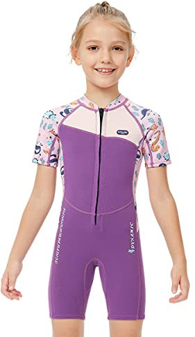 Mädchen 2.5mm Neoprenanzug Kinder Einteiler Tauchanzug Tropisch Violet Kurzarm Shorty Badeanzug Schnorchel One Piece Wetsuit S