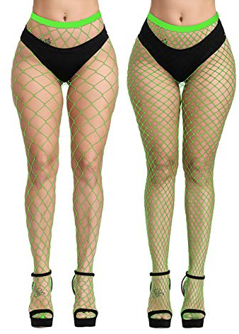 EVERSWE Sexy Elastisch Hohe Taille Strumpfhosen Netzstrümpfe Schenkelhohe Strümpfe Strumpfhosen für Damen (Neon Grün LM, S-M)