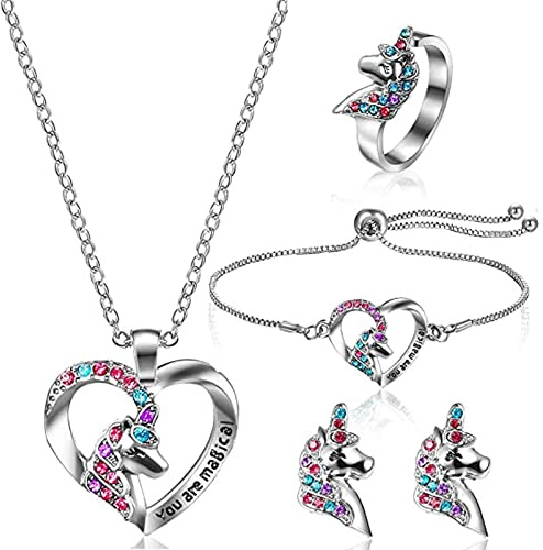 YLLZJ Ensemble de bijoux fille licorne colliers bracelets boucles d'oreilles bague parure de bijoux pour filles cadeau anniversaire fille princesse