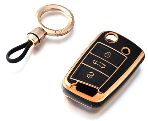 OFF WE GO Autoschlüssel Hülle für VW Golf 7 TPU Schlüsselhülle Cover für Passat T-Roc Polo 7/2G/6R/6C Seat Leon Škoda 3 Tasten Damen Männer Schlüsselgehäuse mit Schlüsselanhänger, Schwarz Gold