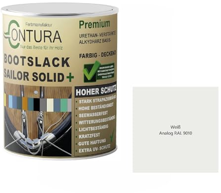 Contura Bootslack Farbig SEIDENMATT Yacht- Buntlack Metall Holz GFK Holzlack Boot Farblos (Weiß - RAL 9010 Analog, 500ml.)