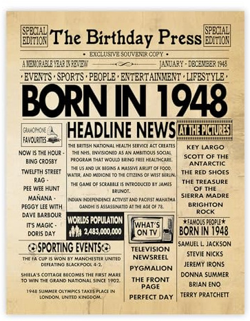 Stuff4 Poster zum 77. Geburtstag, ungerahmt – Born in 1948 Zeitung – Happy 77th Birthday Geschenke für Männer und Frauen, Vintage Retro Back in 1948, 20,3 x 25,4 cm, 77. Geburtstag, Party-Dekoration,