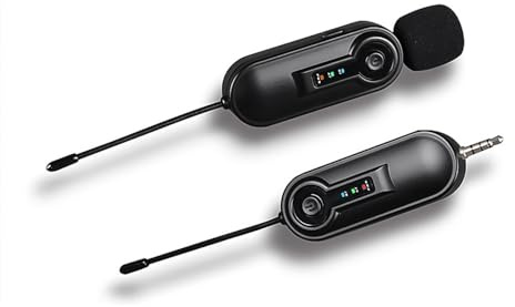 Andoer - Microfono radio UHF, trasmissione effettiva di 50 m, batteria integrata, spina TRRS da 3,5 mm, con adattatore TRS da 6,35 mm, per smartphone, computer, vlog, registrazione video, intervista,