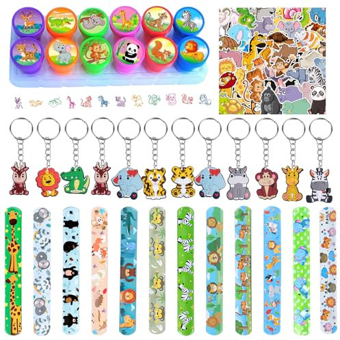 JWTRSVTY 76PCS Animali Giungla Regali Festa Compleanno, Animali Giungla Tema Feste Regali, Giungla Animali Braccialetti Slap Portachiavi francobolli Adesivi, per Ragazze Ragazzi Giungla Regalo Festa