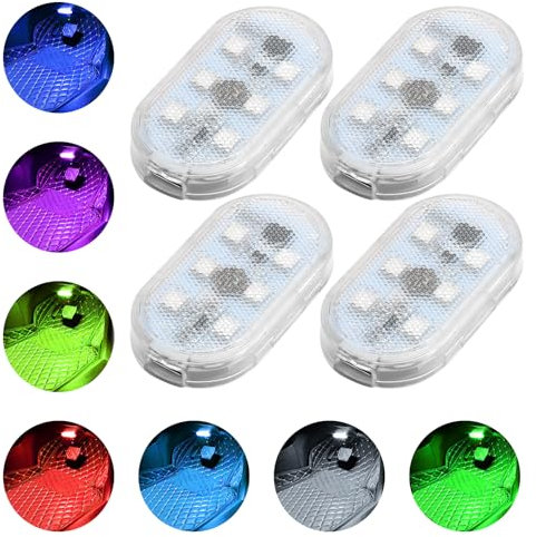 Car Led Interior Lights, 7 Colors Ambient Lighting for Car USB Rechargeable Wireless Touch Footwell Light with Adhesive Magnets Portable Ceiling Trunk Reading Lights for Rvs (4 Pack No White Light)