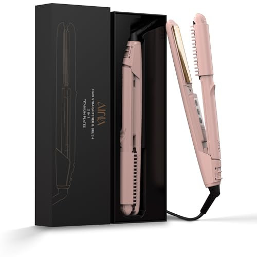 AINA Haarglätter, Glätteisen mit Bürste | Titanium-Platten Dual Voltage Haarglätter Lockenstab 2 in1 | Lösen Sie verwirrte kräuseln(Rosa)