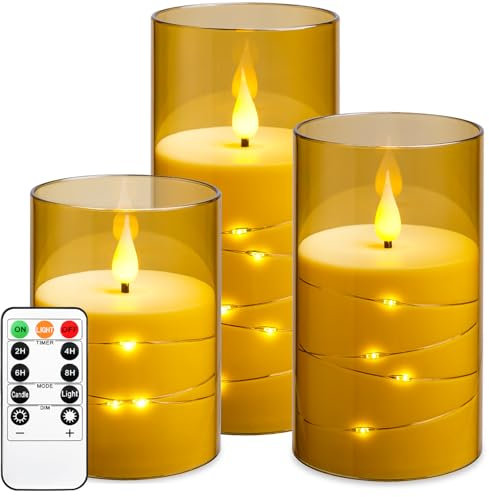 Kiexung LED-Kerzen, LED-Kerzen mit eingebauter Lichterkette, Batteriebetriebene Kerzen, Plexiglaskerzen mit Fernschaltuhr, Festliche flammenlose Kerzen, Wohnkultur, 3-teiliges Set (Gold)