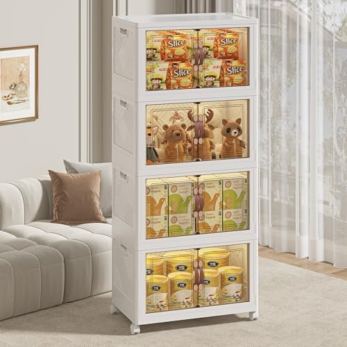 Hode Stackable Large Plastic Storage Boxes with Lids 60L*4, White Collapsible Foldable Storage Box with Wheels, Storege Organiser for Office Bedroom Living Room Toys Clothes