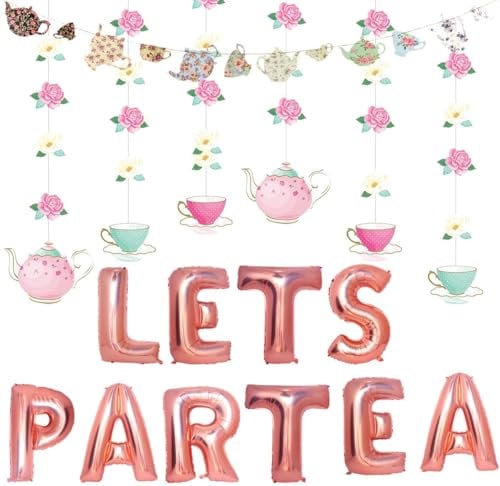 Tea Party Decorations with LET'S PAR TEA Aluminum Foil Balloons Floral Tea Party Hanging Decorations Latex Balloons and Teapots Teacups Cupcake Toppers for Lets Par-Tea Party Decor