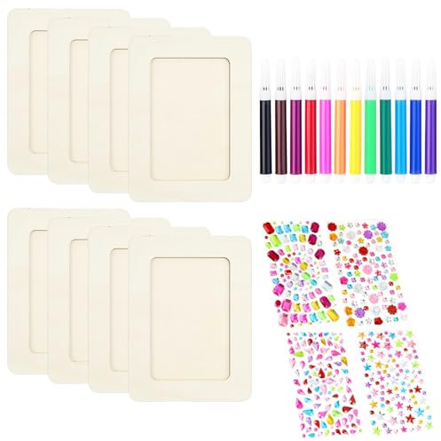 kaiyaya Bilderrahmen Bastelset 8 Stück DIY Holzbilderrahmen Set mit Selbstklebende Glitzersteine und farbige Stifte DIY Fotorahmen Bastelset Bunt Holzrahmen für Holzfarbe Geschenke Kunsthandwerk