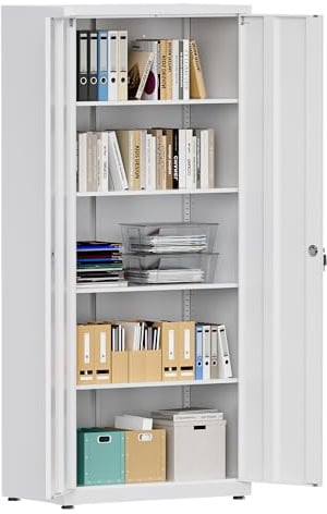 LVSTEEL Aktenschrank, abschließbarer Mehrzweckschrank mit 4 höhenverstellbaren Einlegeböden, Stahl-Büroschrank mit 2 Türen, Weiß, 181.5×80×40 cm