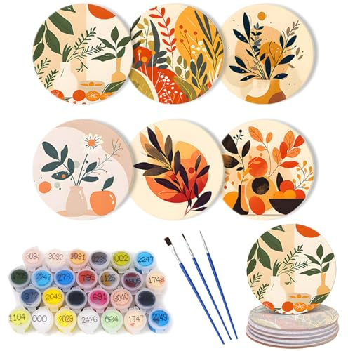 CXINLky 6 pièces Sous-verres à Peindre par Numéros avec Support, Sous-verres Antidérapants 5D à Peindre par Numéros, Sous-verres à Peindre par Numéros pour Tasses, Verres à Vin, Vases - 10 - Plantes