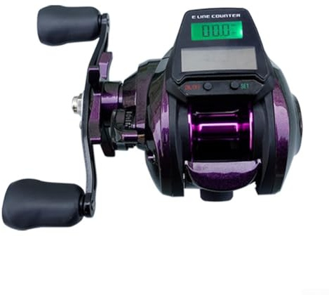 Baitcast-Angelrolle digital mit wiederaufladbarer Hintergrundbeleuchtung und Haken-Bissanzeiger, wasserdichtes Design, Aluminiumgriff und Gummiknopf (linke Hand)
