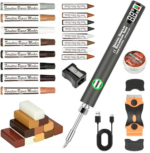 KKMOL Laminat Reparaturset, Parkett Vinylboden Reparaturset, Holzreparatur Set Upgrade Wachsschmelzer, 11 Farben Hartwachs Reparatur set für Holzkitt Loch Ausbessern Möbel Arbeitsplattet