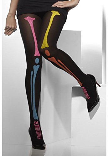 Smiffys Opaque Tights, Black Neon Skeleton Print, Fever Hosiery Fancy Dress, Halloween Dress Up Accessories