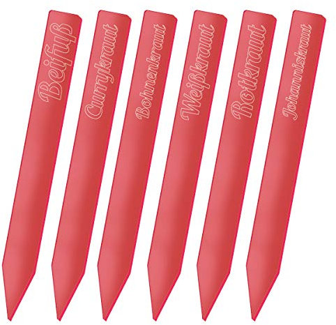 SUNPLAY 6er Set 30 cm lange fluoreszierende Kräuterstecker Gartenstecker Pflanzschilder für Kräuter & Gemüse - Farbe: Rot - Beifuß Currykraut Bohnenkraut Weißkraut Rotkraut Johanneskraut