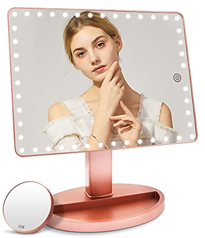 Large Lighted Makeup Vanity Mirror with 45 LED Lights, Rechargeable Lithium Battery Light Up Mirror, 10X Magnification Touch Screen, 360° Rotation Portable Tabletop Cosmetic illuminated Mirror