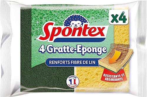 Spontex - Gratte-Eponge + Fibres de Lin, Vaisselle Grattantes Vertes avec Fibres de Lin, 1 x 4 Éponges