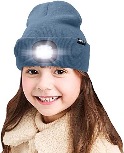 ATNKE Kids LED beleuchtete Mütze mit Licht, USB Wiederaufladbare 4 LED Scheinwerfer wasserdichte Winterwärmer Strick Nachthüte mit leichten Jungen Mädchen/Shadow Blue