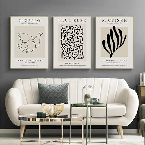 3 Bilder Set Matisse Picasso Paul Klee Poster 30x40 Beige Schwarz Bilder Abstrakt Modern Schlafzimmer Poster Wohnzimmer Kunst Druck Leinwand Gemälde Wand Deko ohne Rahmen