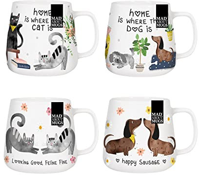 YöL Set Of 4 Pet Mugs New Bone China Coffee Tea Cup Brew Latte Sausage Dogs Cats Mug Set 400ml