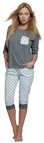 S& SENSIS edler Baumwoll-Pyjama Hausanzug aus wunderschönem Oberteil und toller Capri-Hose mit Bündchen, Gr. XL (42), grau/weiß mit Sternen