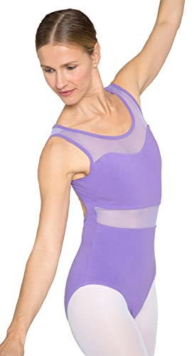 tanzmuster Ballett Trikot Damen ärmellos - Heidi - Baumwolle - BH-Pad-Einschub - Netzeinsätze - lavendel 36 - Tanz Body in flieder - Ballettkleidung für Erwachsene