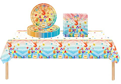 Kids Happy 3rd Birthday Party Table Cloth,Paper Plates and Napkins Tableware Set for Girls Boys,37Pcs 3rd Birthday Party Table Decorations Paper Dinnerware for Kids 3rd Birthday Decorations